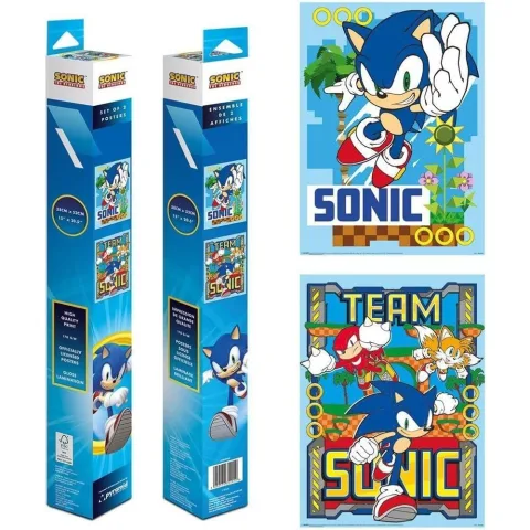 Conjunto de 2 pósteres Sonic The Hedgehog para decorar o quarto ou a sala de jogos. Uma forma simples de mostrar o gosto pelo ouriço azul. Descobre já!