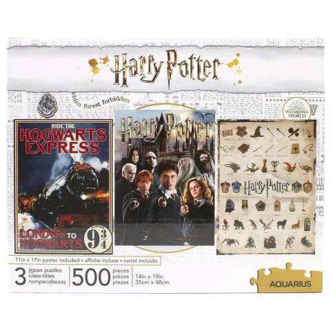 Monta o mundo mágico com o Set 3 Puzzles Harry Potter de 500 peças. Cada puzzle mede 35 x 48 cm